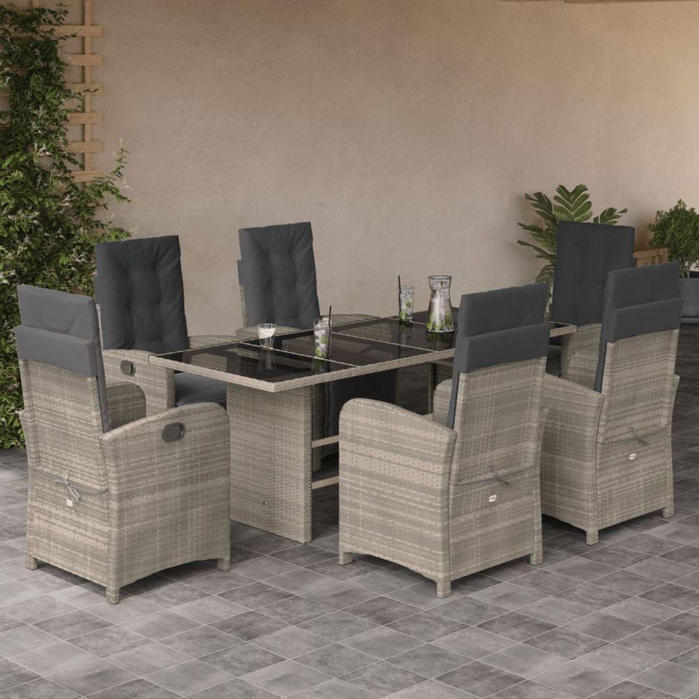 vidaXL 7 Piece Garden Dining Set with Cushions Black Poly Rattan light grey glass vidaXL