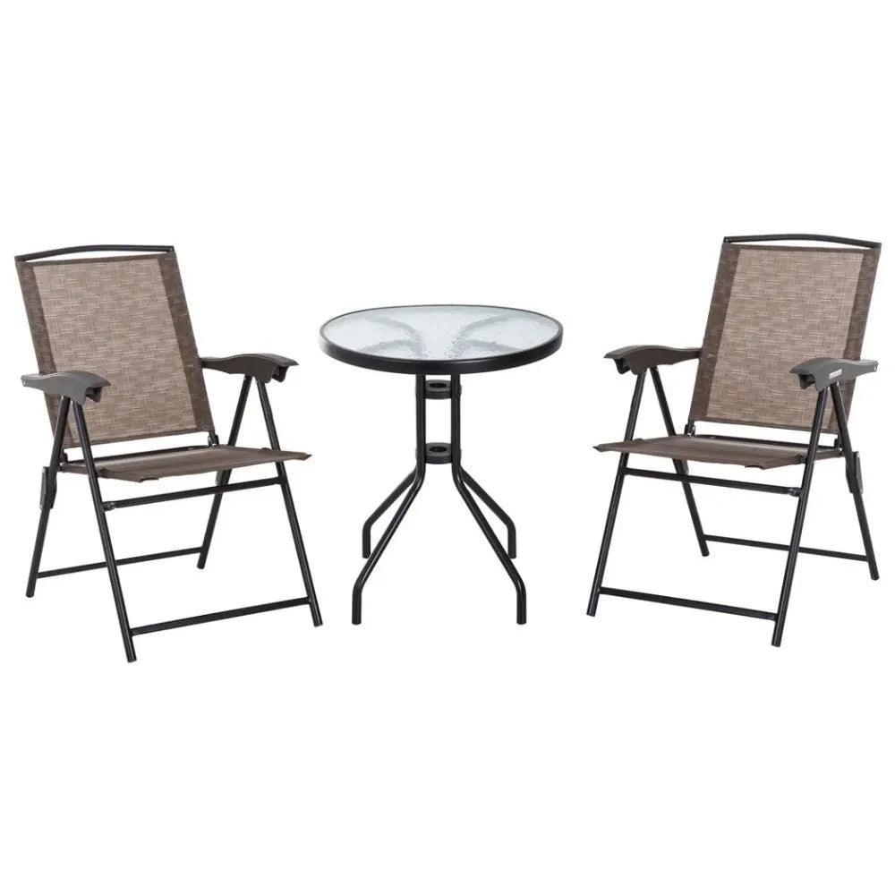 3 PCS Patio Furniture Bistro Set with Folding Chairs Tempered Glass Table Brown Unbranded