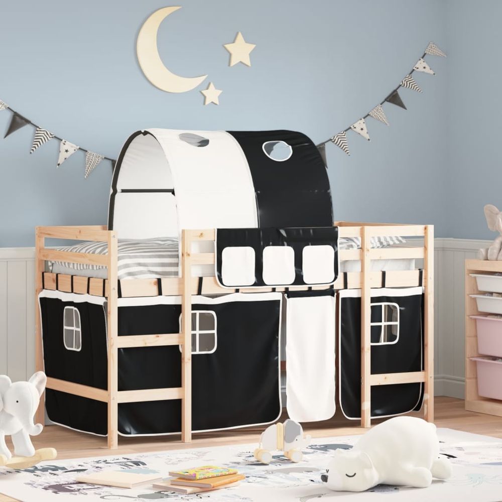 vidaXL Kids' Loft Bed with Tunnel White&Black 80x200cm Solid Wood Pine natural and black vidaXL