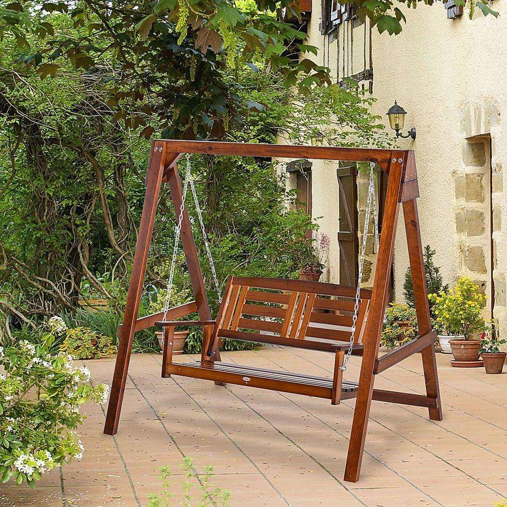 Outsunny Outdoor 2 Seater Garden Swing Chair Wooden Patio Bench with Armrest Outsunny