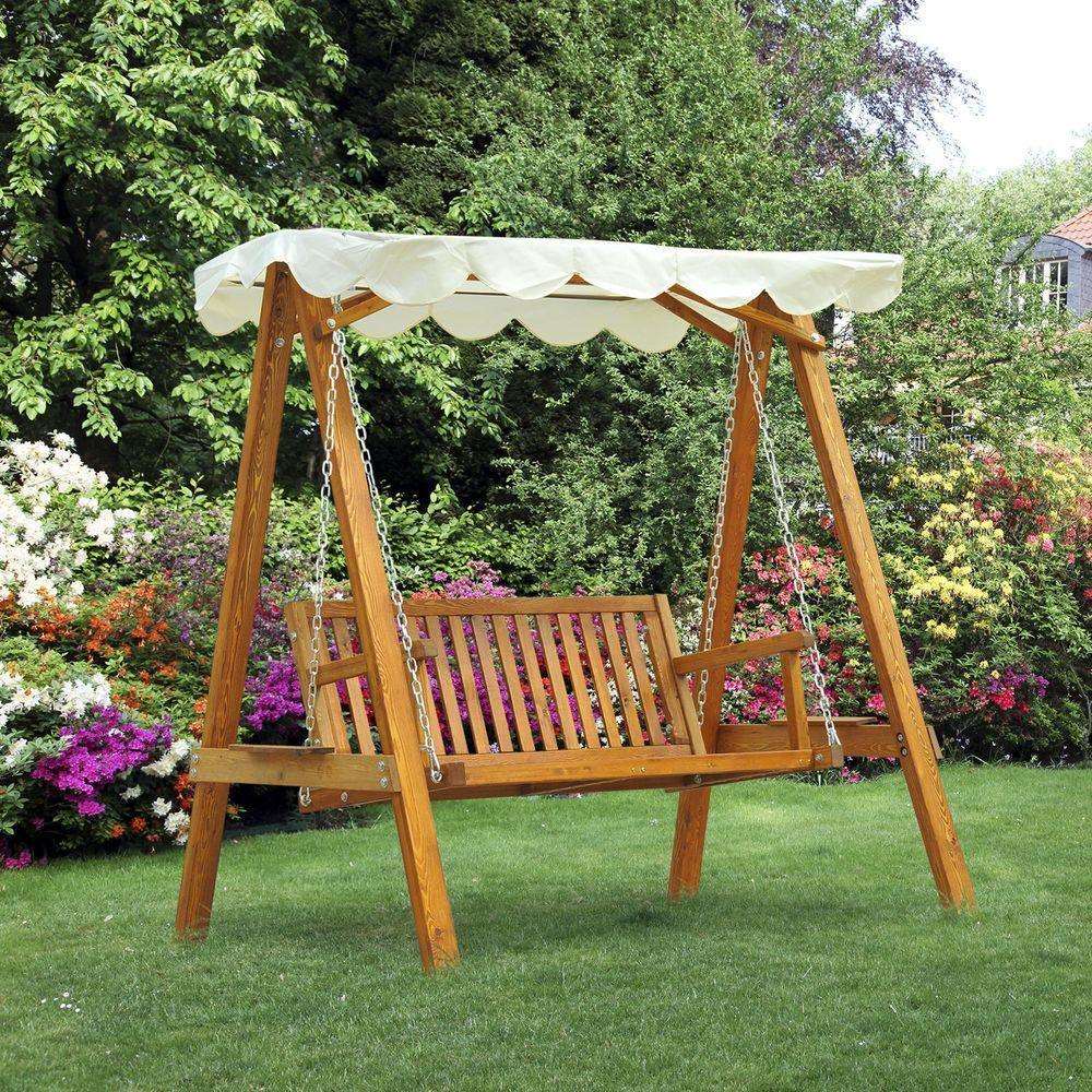 2-Seater Wood Garden Chair Swing Bench Lounger-Cream Outsunny