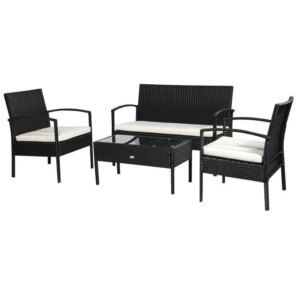 4-Seater Rattan Garden Furniture Set Black Cream Outdoor Patio Bistro Outsunny