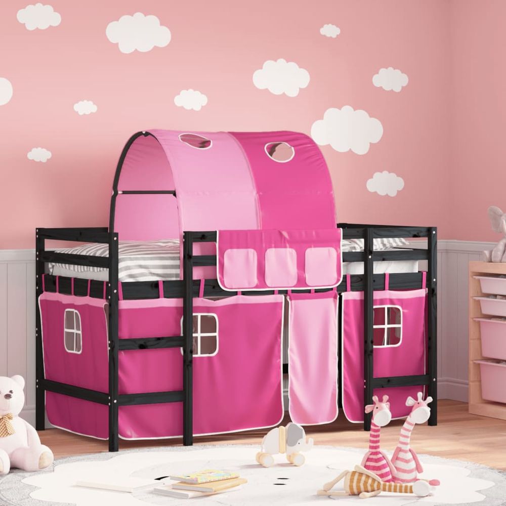 vidaXL Kids' Loft Bed with Tunnel White&Black 80x200cm Solid Wood Pine black and pink vidaXL