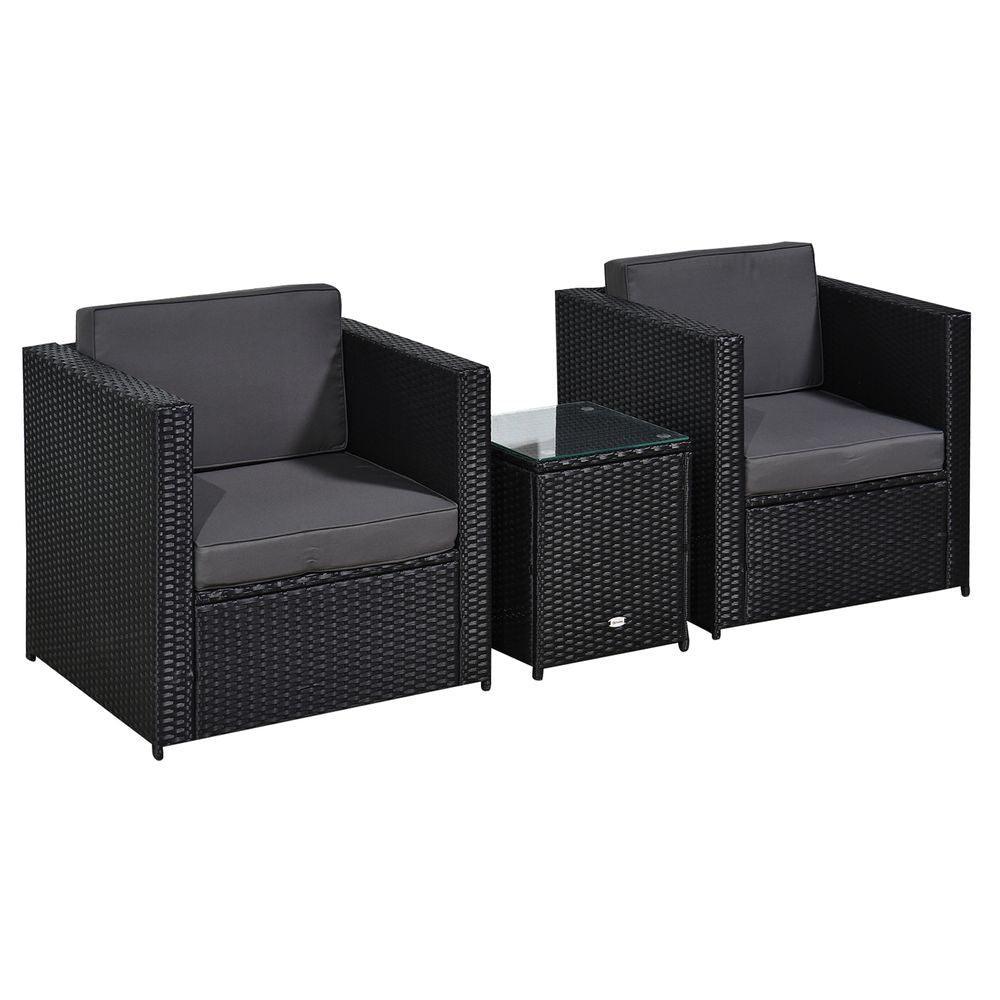 Outsunny 2 Seater Rattan Sofa Furniture Set W/Cushions, Steel Frame-Black Outsunny