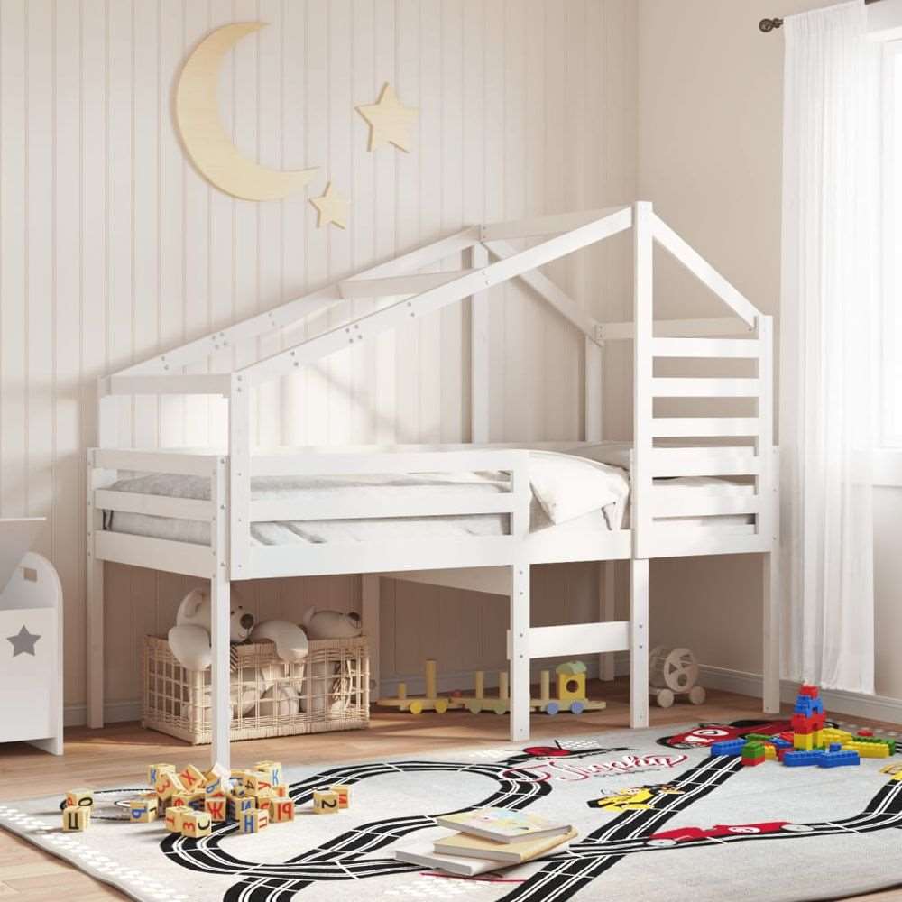 vidaXL High Sleeper Bed with Roof 90x200 cm Solid Wood Pine white vidaXL