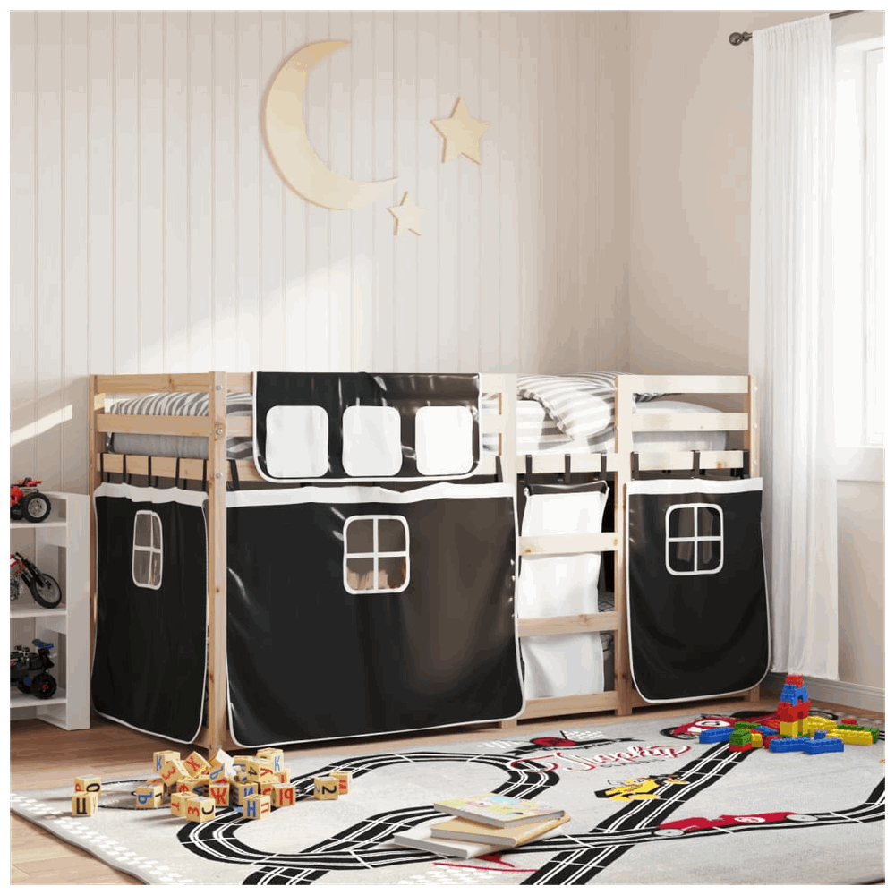 vidaXL Bunk Bed with Curtains White&Black 90x200 cm Solid Wood Pine vidaXL