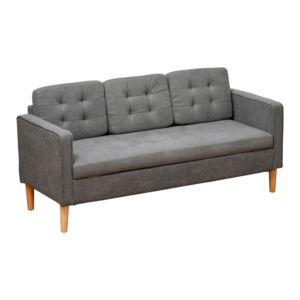 3-Seater Sofa Button-Tufted Fabric Couch with Hidden Storage, Rubberwood Legs HOMCOM