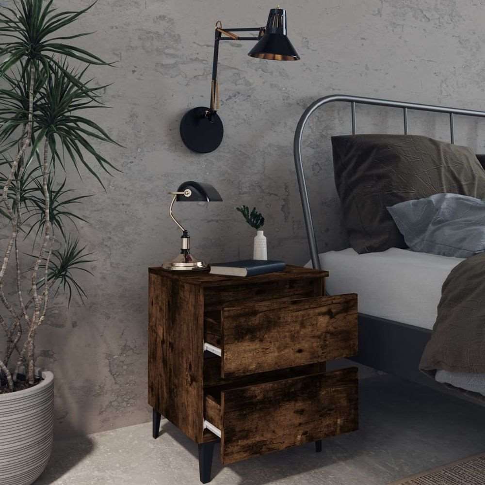 vidaXL Bed Cabinet with Metal Legs Smoked Oak 40x35x50 cm vidaXL