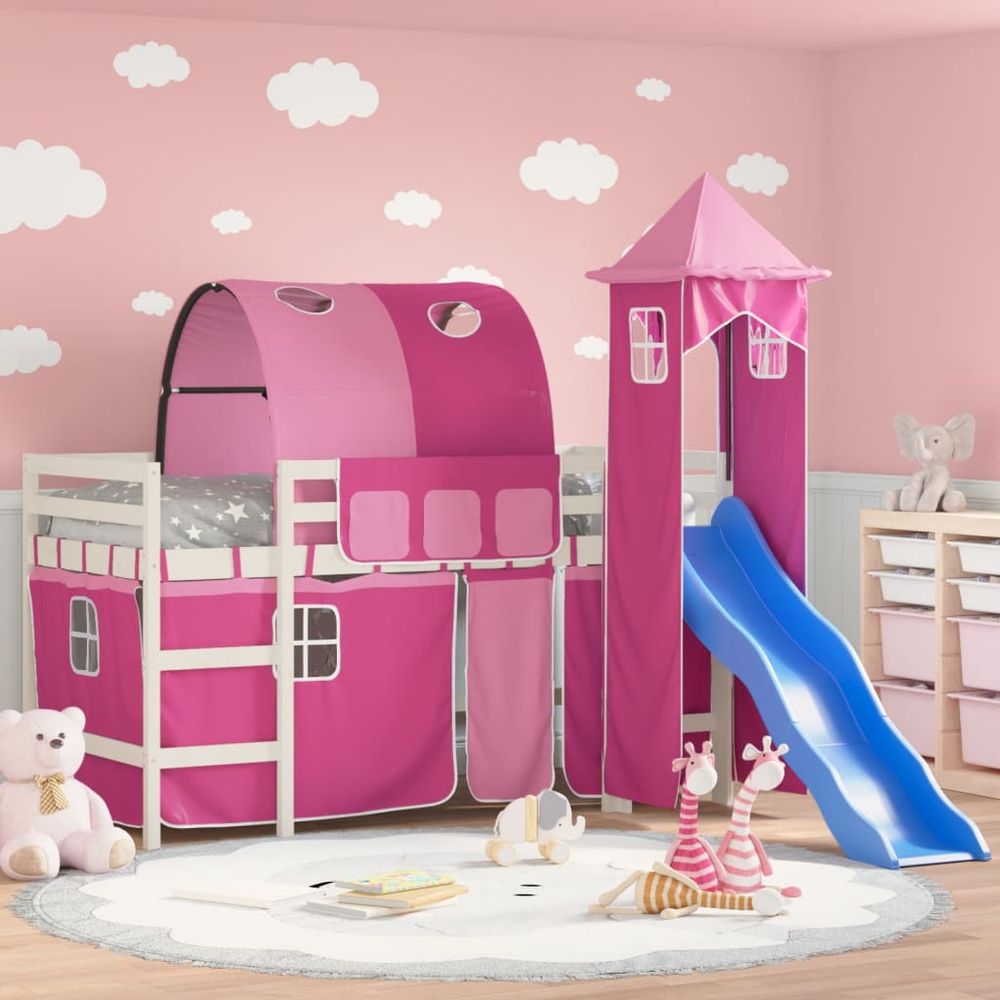 vidaXL Kids' Loft Bed with Tower White&Black 80x200cm Solid Wood Pine white and pink vidaXL