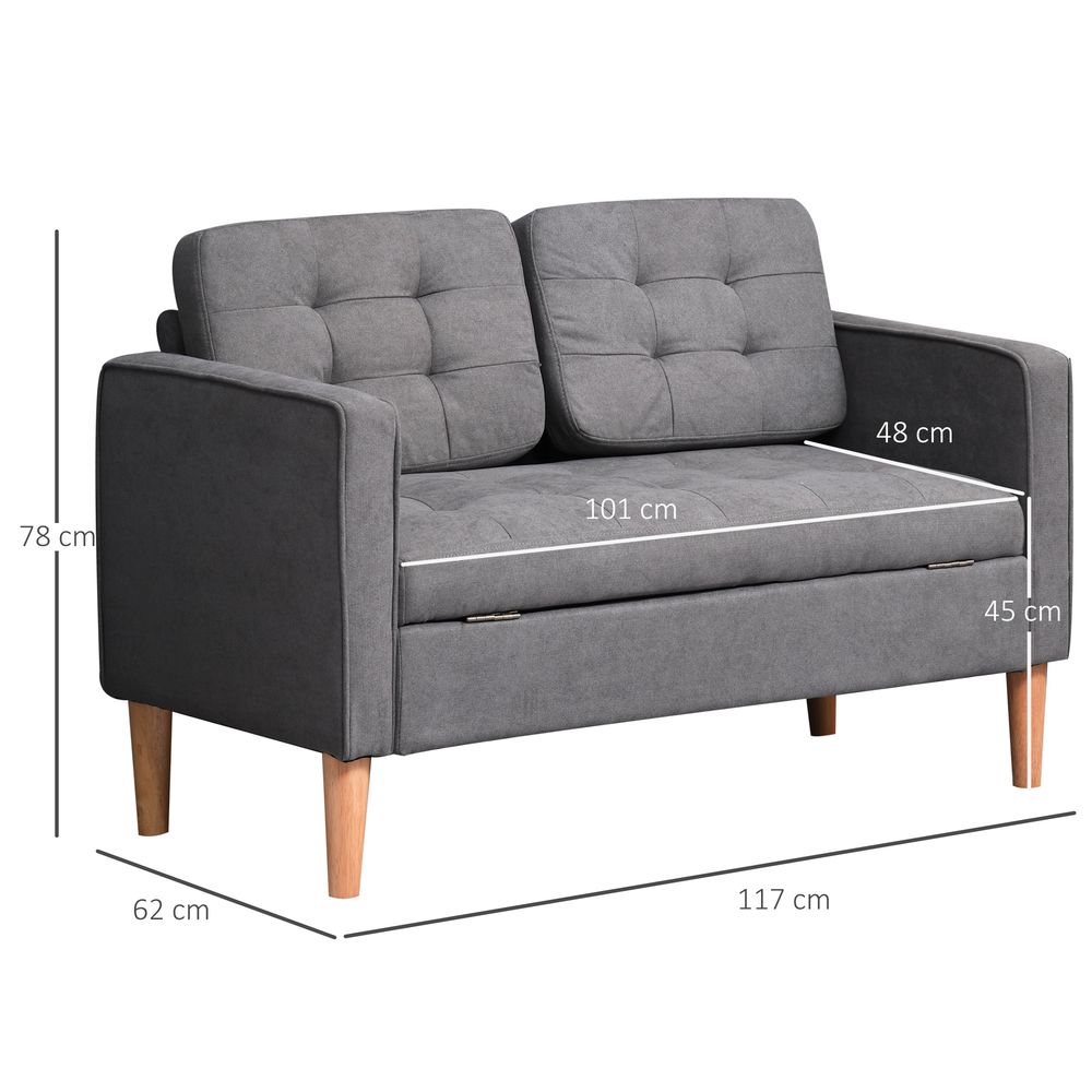 HOMCOM Compact Loveseat Sofa 2 Seater Sofa with Storage and Wood Legs Grey HOMCOM