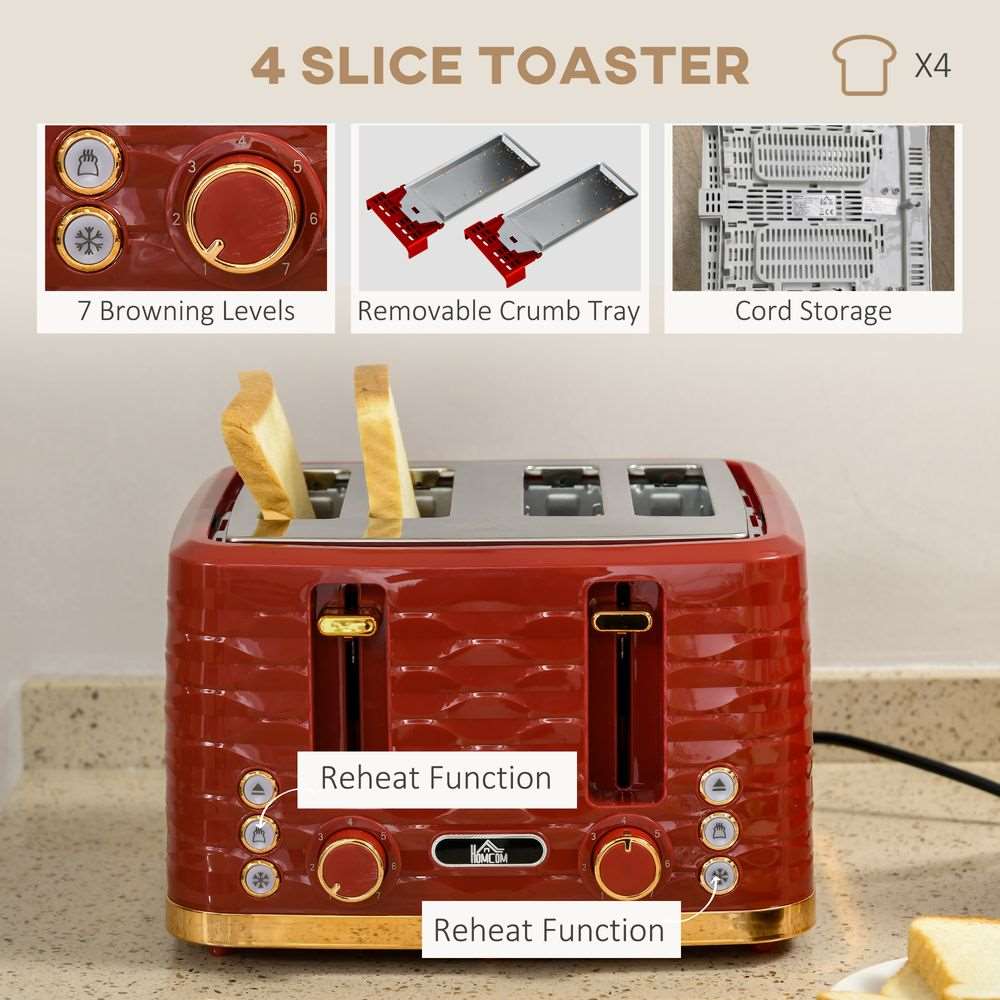 HOMCOM Kettle and Toaster Set 1.7L Rapid Boil Kettle & 4 Slice Toaster Red HOMCOM