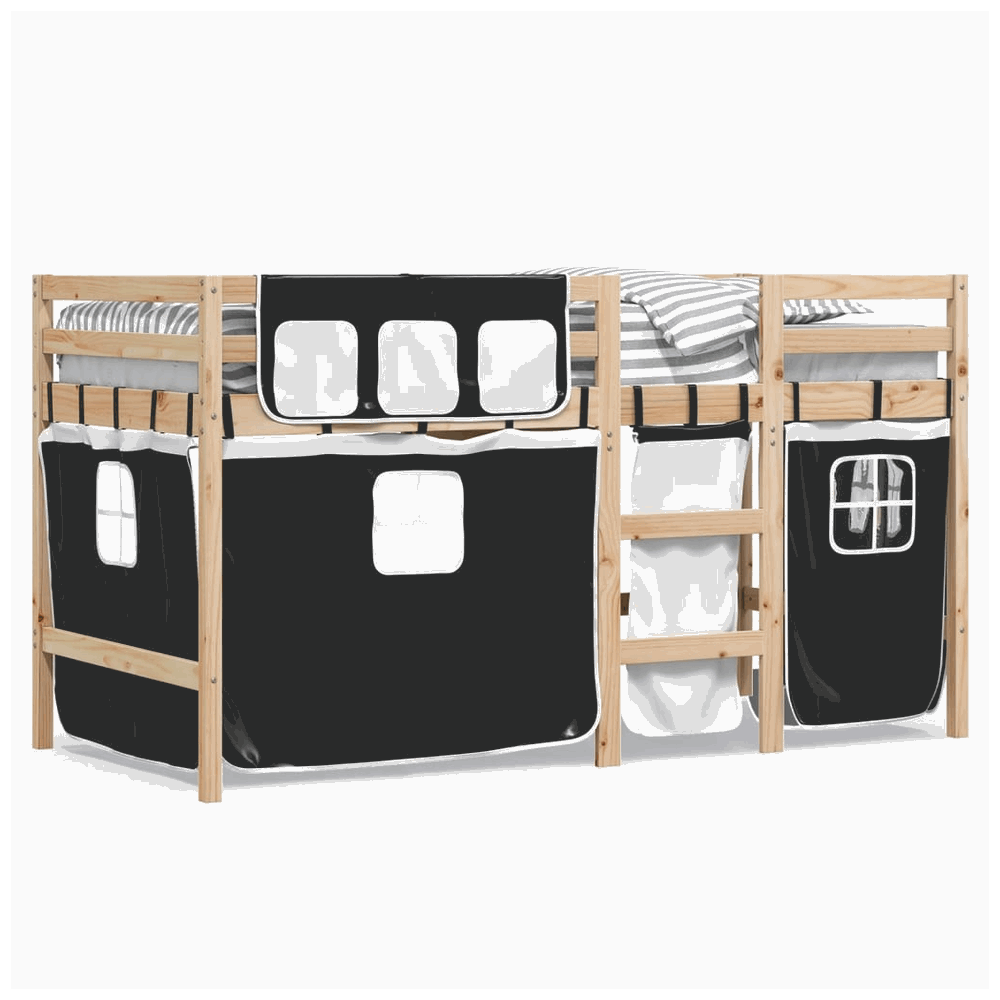 vidaXL Kids' Loft Bed with Curtains White&Black 80x200 cm Solid Wood Pine vidaXL