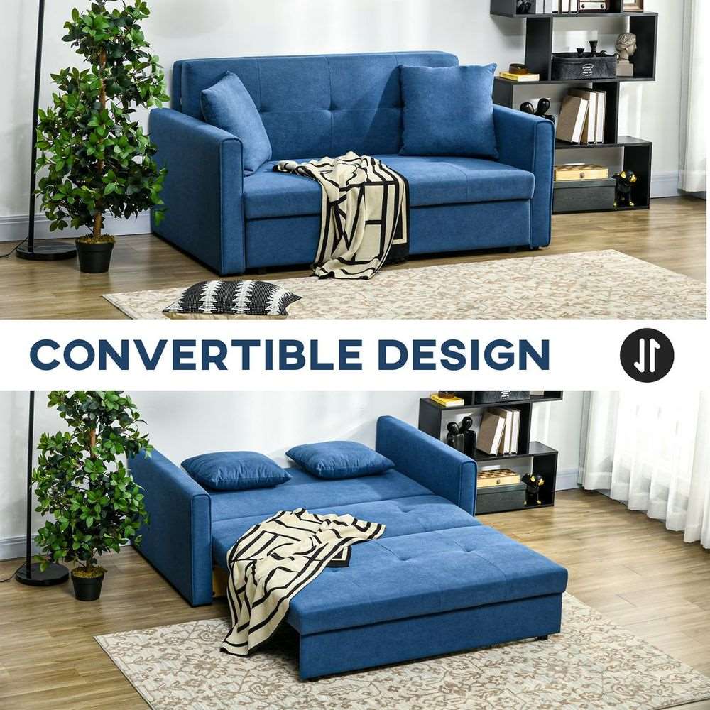 HOMCOM 2 Seater Sofa Bed Convertible Bed Settee w/ 2 Cushions Storage Blue HOMCOM