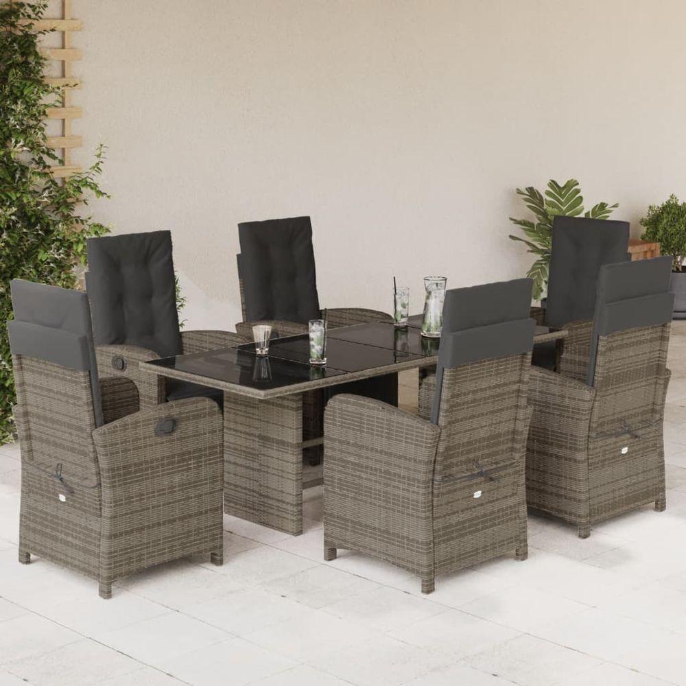 vidaXL 7 Piece Garden Dining Set with Cushions Black Poly Rattan grey glass vidaXL