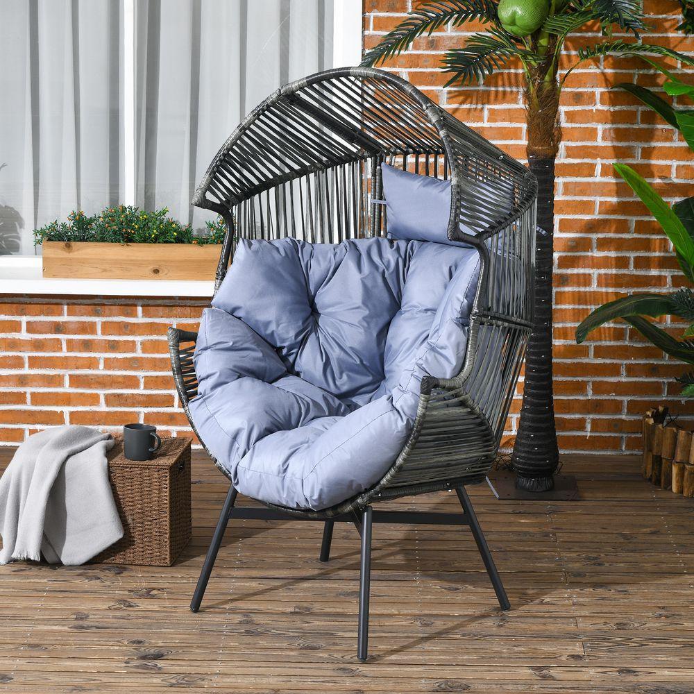 Outsunny Rattan Leisure Chair with Cushion, Garden Egg Chair with Headrest, Grey Outsunny