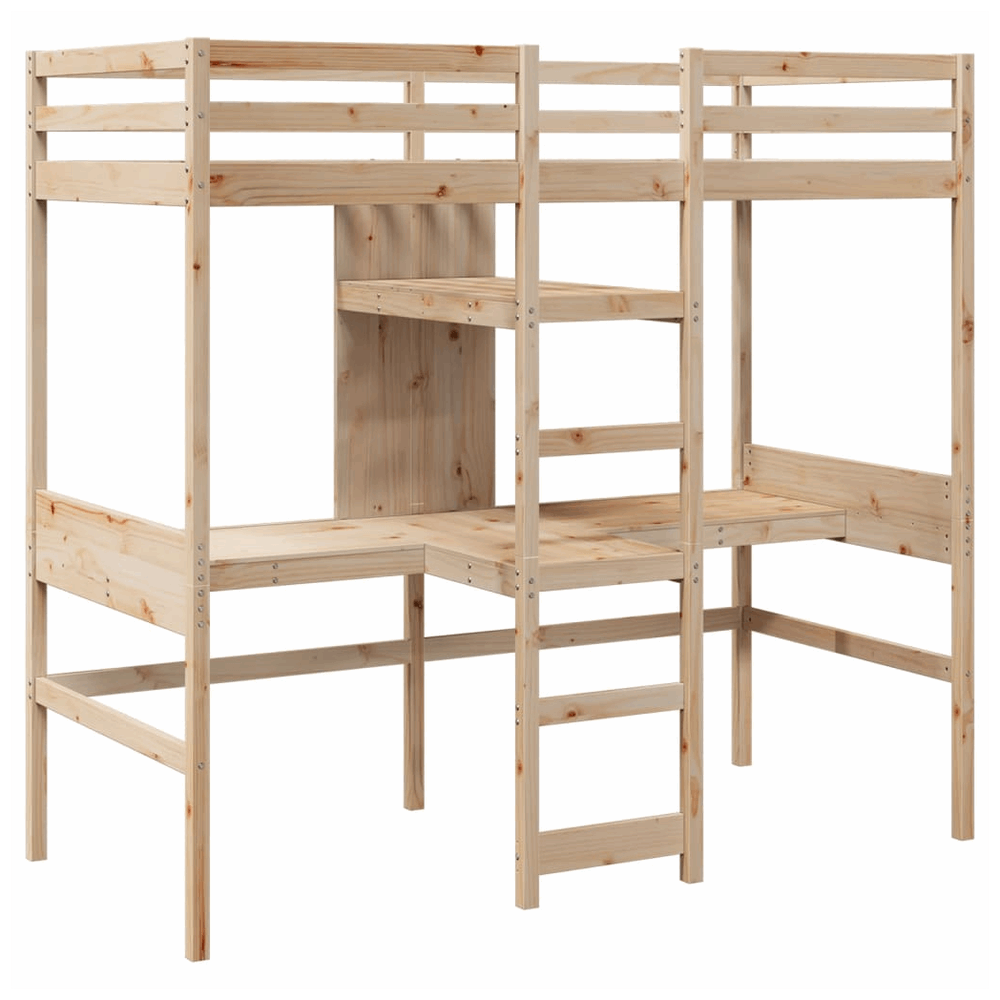 vidaXL Loft Bed Frame with Desk and Shelves 90x200cm Solid Wood Pine vidaXL