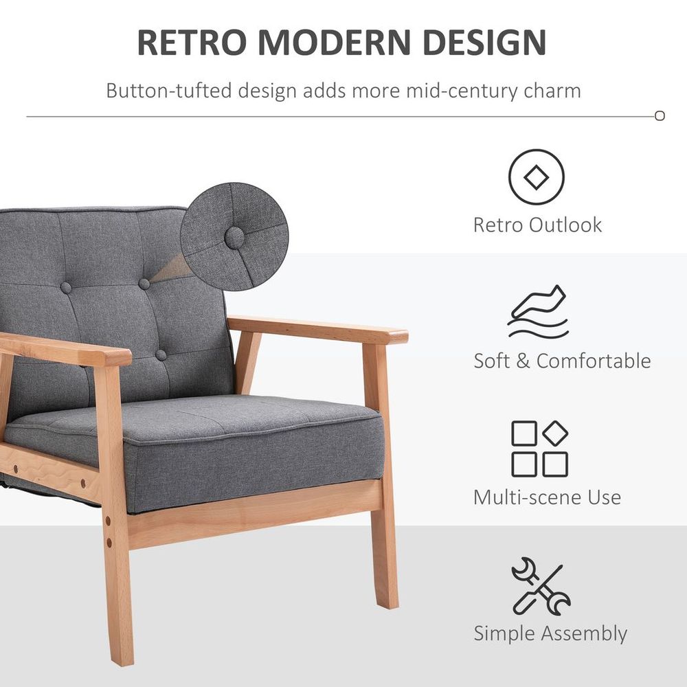 Retro Single Sofa Armchair Beech Wood Frame Padded Cushion Linen Fabric Grey HOMCOM