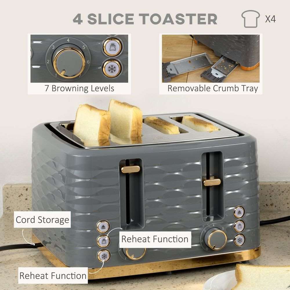 HOMCOM Kettle and Toaster Set 1.7L Rapid Boil Kettle & 4 Slice Toaster Grey HOMCOM