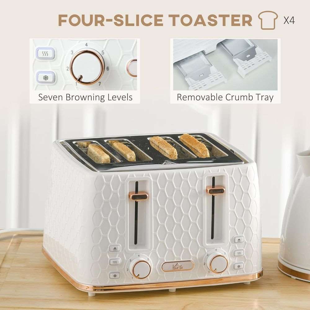 HOMCOM 1.7L Kettle and Toaster Set with Defrost, Reheat and Crumb Tray, White HOMCOM