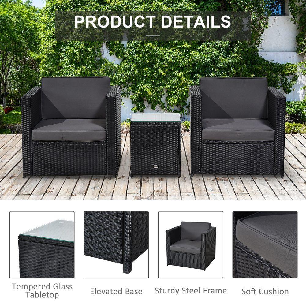 Outsunny 2 Seater Rattan Sofa Furniture Set W/Cushions, Steel Frame-Black Outsunny