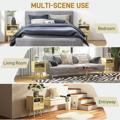 Bedside Tables, Set of 2, Boho Side End Table w/ Drawer, Storage Compartment HOMCOM