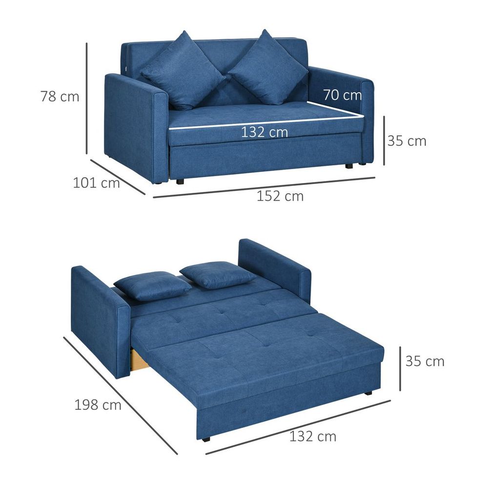 HOMCOM 2 Seater Sofa Bed Convertible Bed Settee w/ 2 Cushions Storage Blue HOMCOM