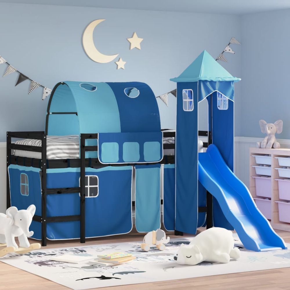 vidaXL Kids' Loft Bed with Tower White&Black 80x200cm Solid Wood Pine black and blue vidaXL