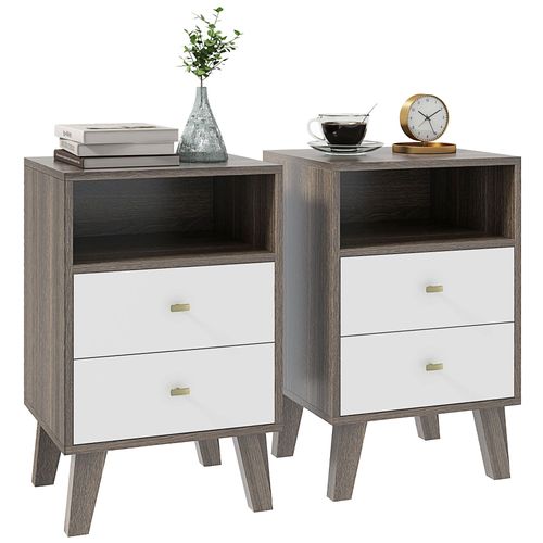 HOMCOM Bedside Tables Set of 2, Modern Nightstand with 2 Drawers and Open Cubby PawHut