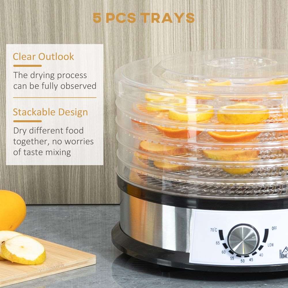 5 Tier Food Dehydrator 250W Stainless Steel Food Dryer Machine Silver HOMCOM