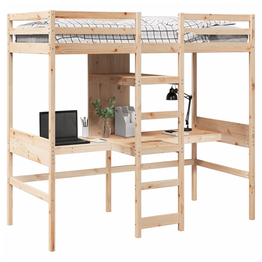 vidaXL Loft Bed Frame with Desk and Shelves 90x200cm Solid Wood Pine vidaXL