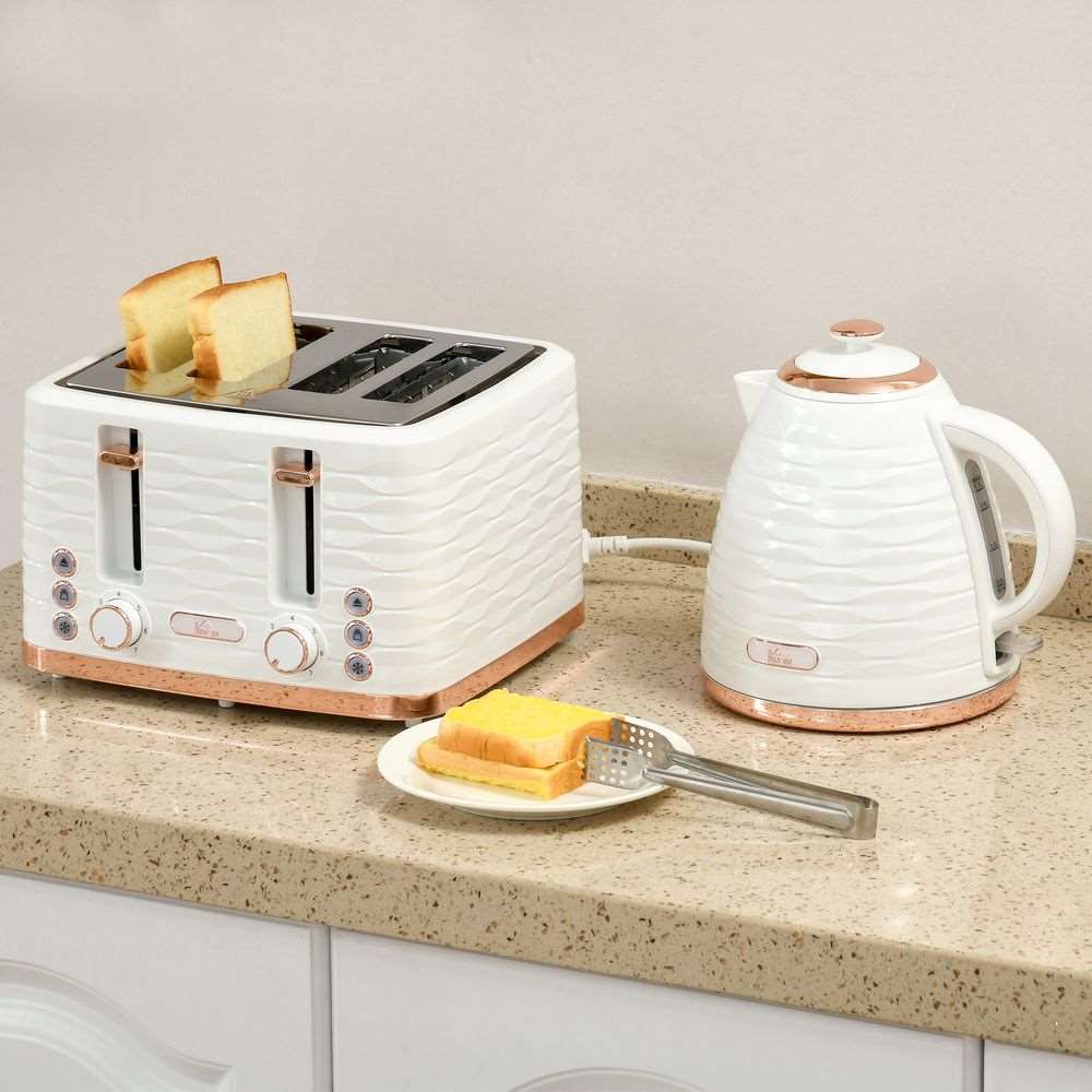 HOMCOM Kettle and Toaster Set 1.7L Rapid Boil Kettle & 4 Slice Toaster White HOMCOM