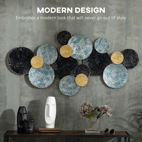 HOMCOM Minimalist Metal Wall Art Circle Home Hanging Wall Sculpture, Blue Unbranded
