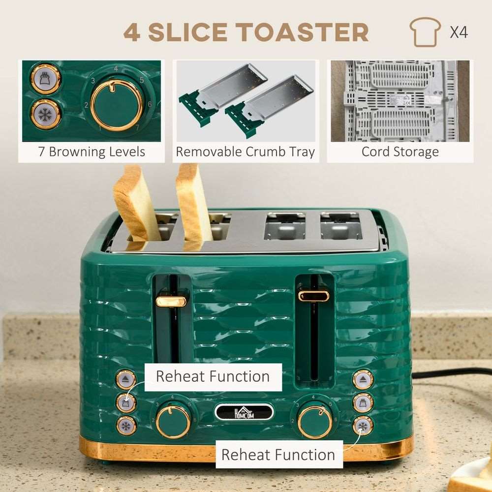 HOMCOM Kettle and Toaster Set 1.7L Rapid Boil Kettle & 4 Slice Toaster Green HOMCOM