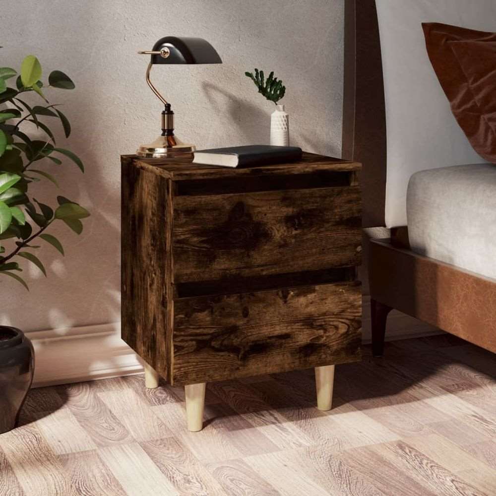 vidaXL Bed Cabinet with Solid Wood Legs Smoked Oak 40x35x50 cm vidaXL