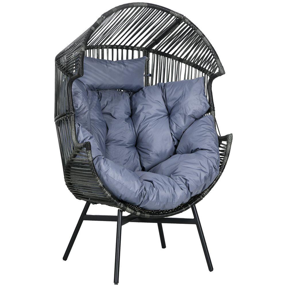 Outsunny Rattan Leisure Chair with Cushion, Garden Egg Chair with Headrest, Grey Outsunny