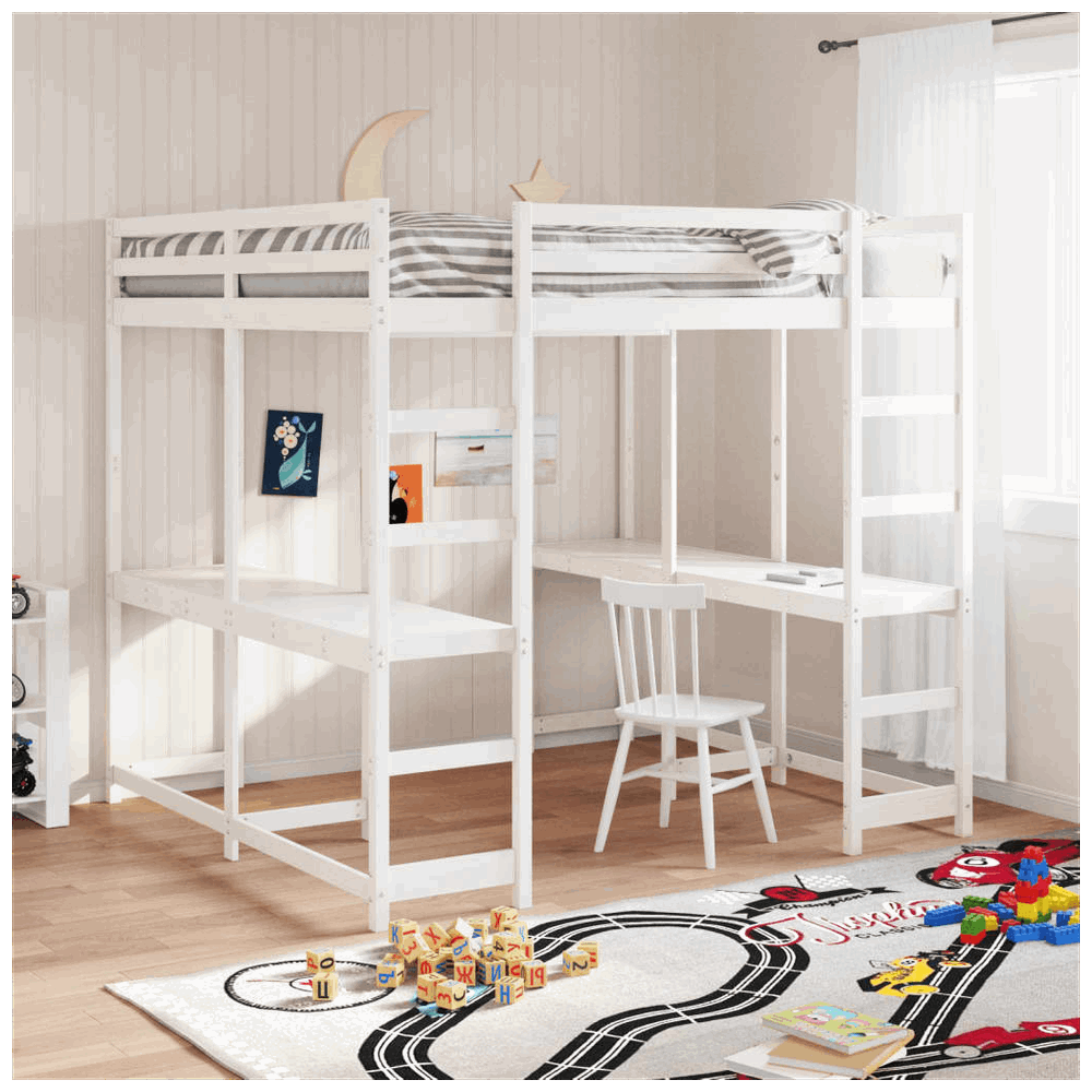 vidaXL Loft Bed with Desk and Ladder White 160x200 cm Solid Wood Pine vidaXL