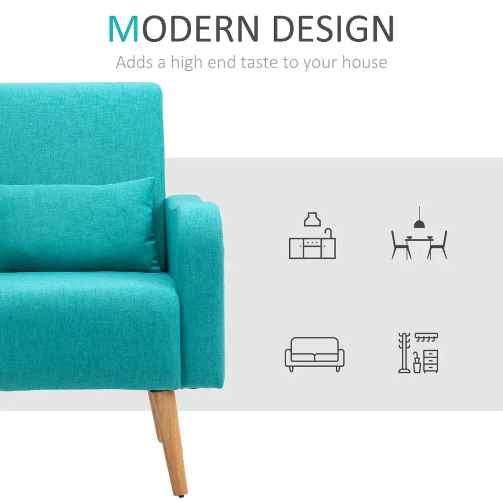 Nordic Armchair Linen-Touch Sofa Chair with Cushioned Pillow & Wood Legs Teal Unbranded