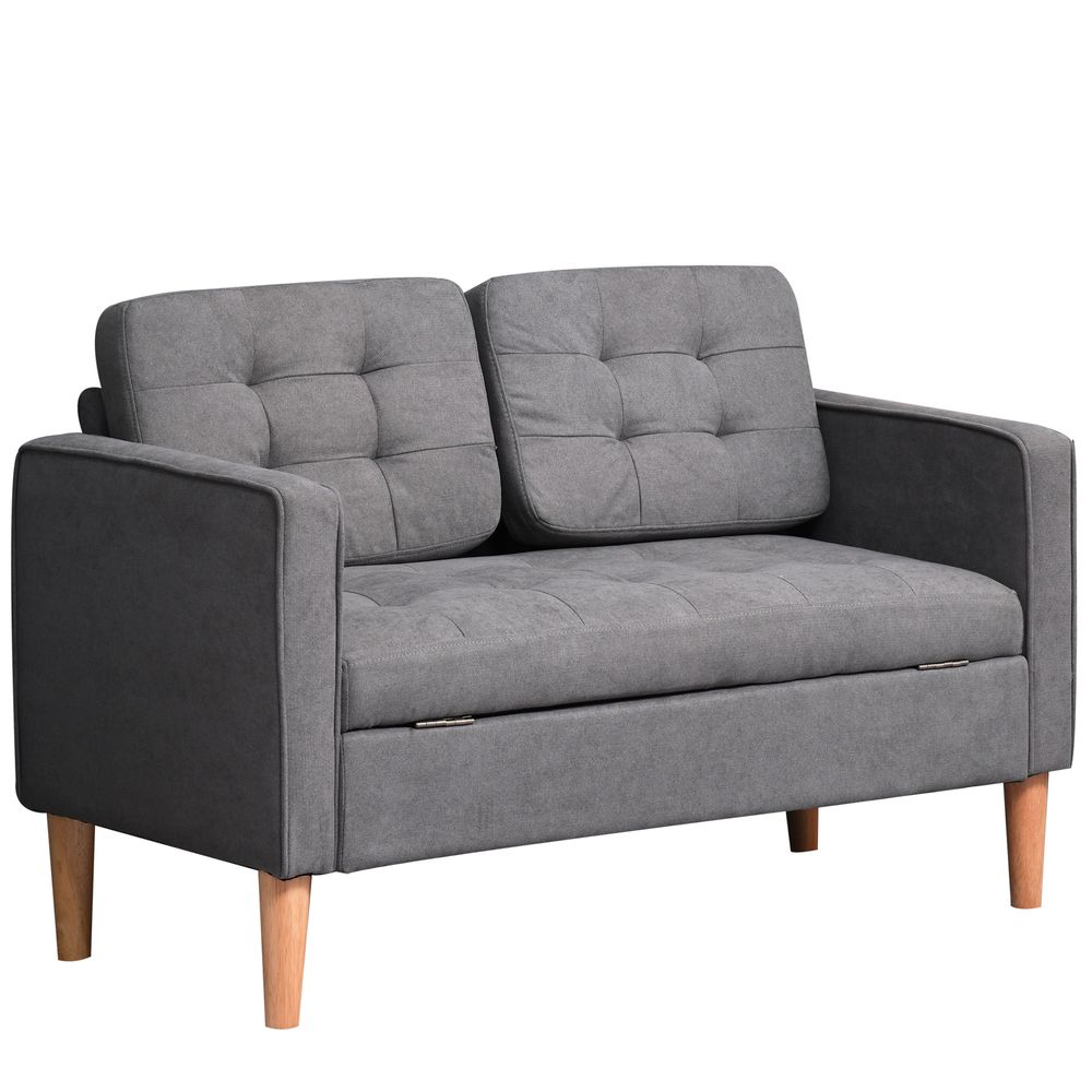 HOMCOM Compact Loveseat Sofa 2 Seater Sofa with Storage and Wood Legs Grey HOMCOM