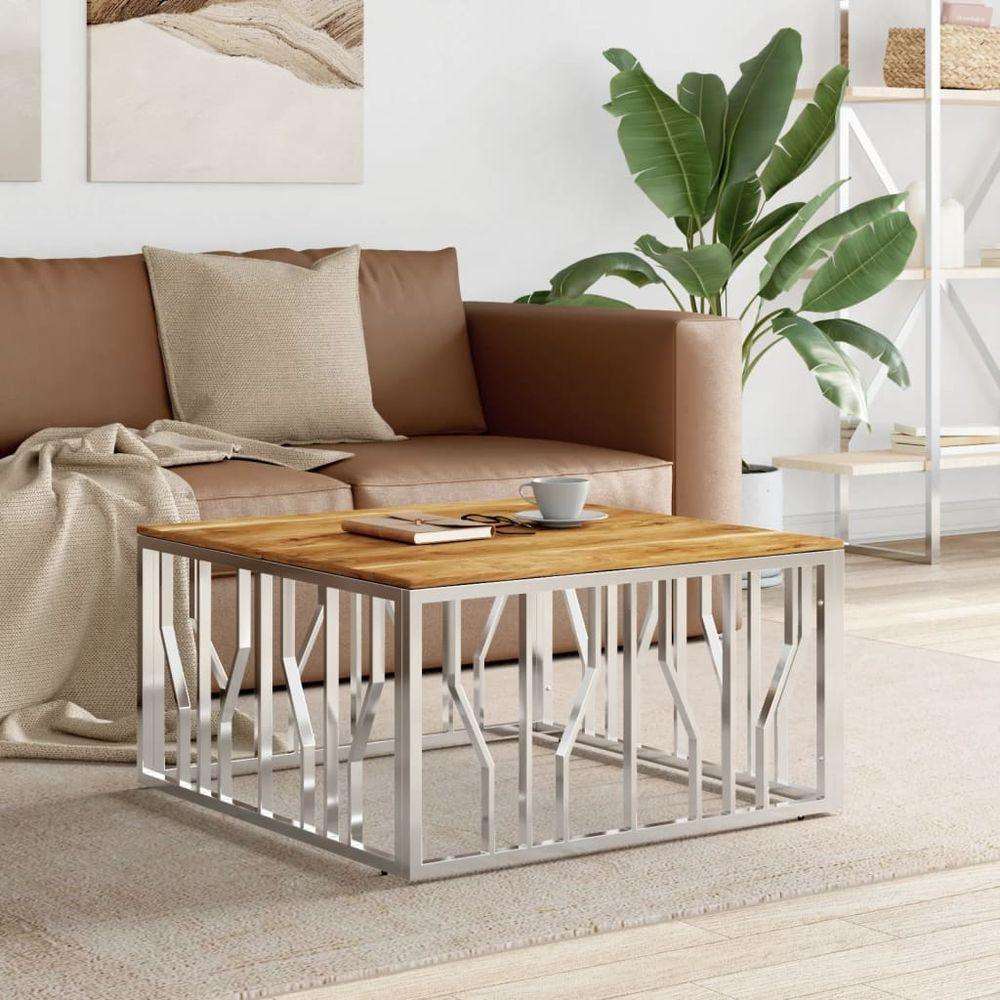 vidaXL Coffee Table 80x80x40 cm Stainless Steel and Glass silver and light brown wood vidaXL