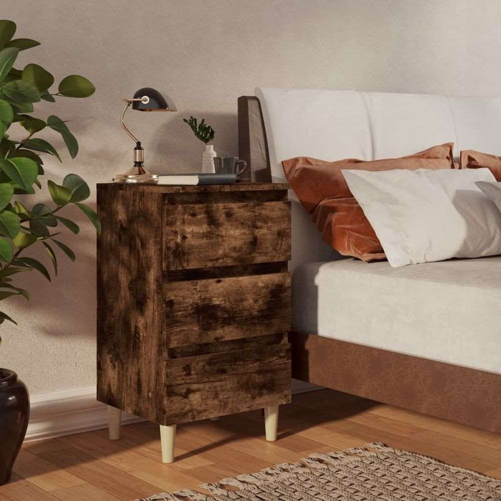 vidaXL Bed Cabinet with Solid Wood Legs Smoked Oak 40x35x69 cm 2 vidaXL