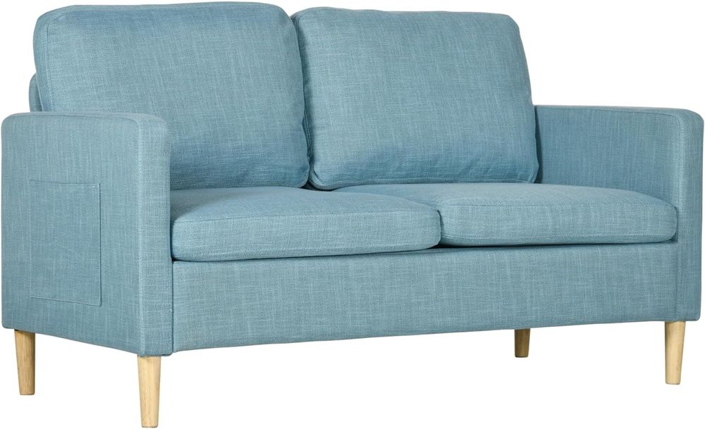 HOMCOM 2 Seater Sofa Modern Fabric Couch with Wood Legs and 2 Pockets Blue HOMCOM