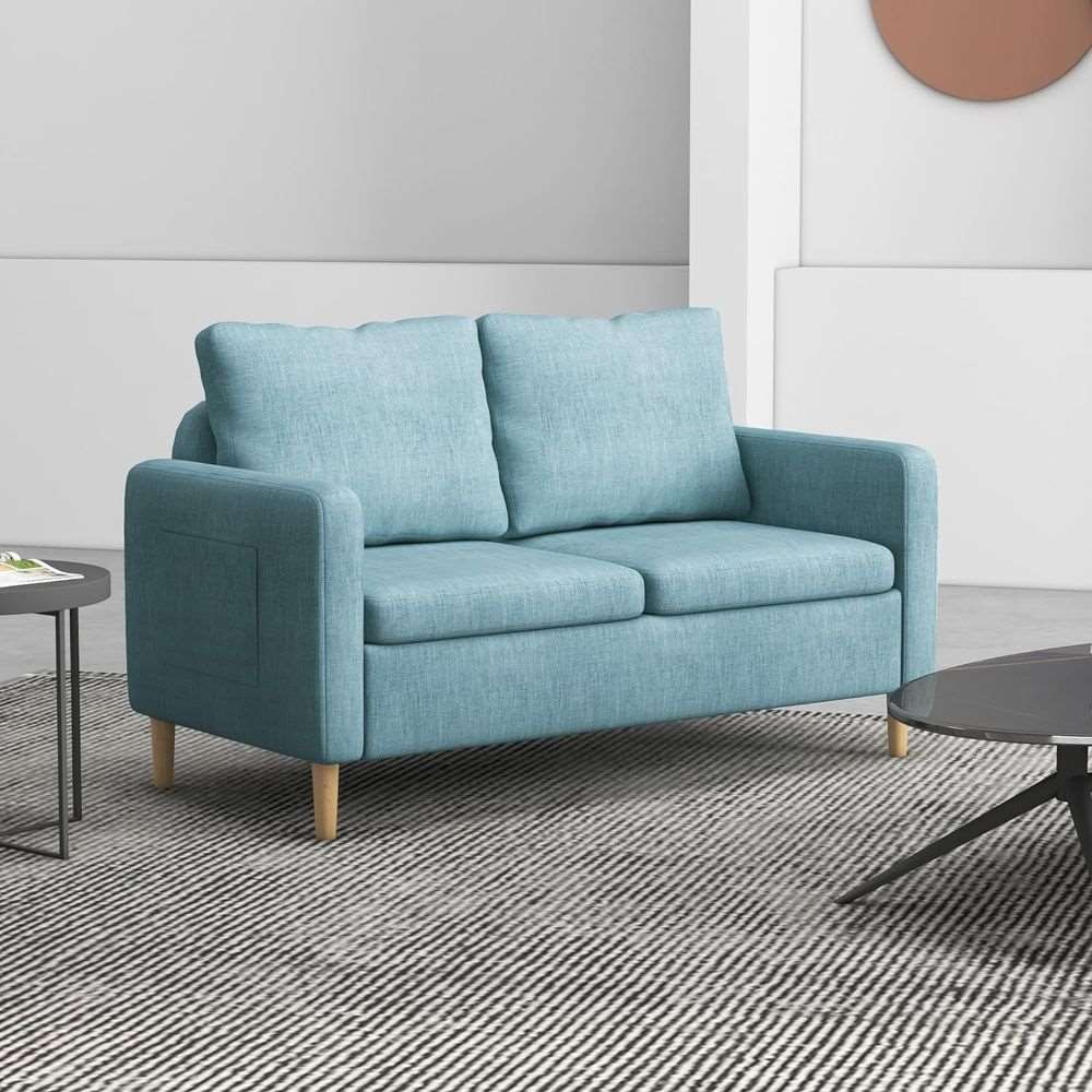 HOMCOM 2 Seater Sofa Modern Fabric Couch with Wood Legs and 2 Pockets Blue HOMCOM