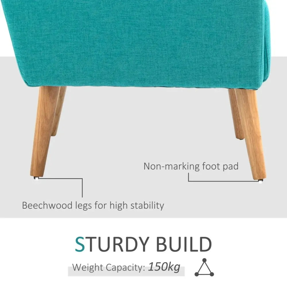 Nordic Armchair Linen-Touch Sofa Chair with Cushioned Pillow & Wood Legs Teal Unbranded