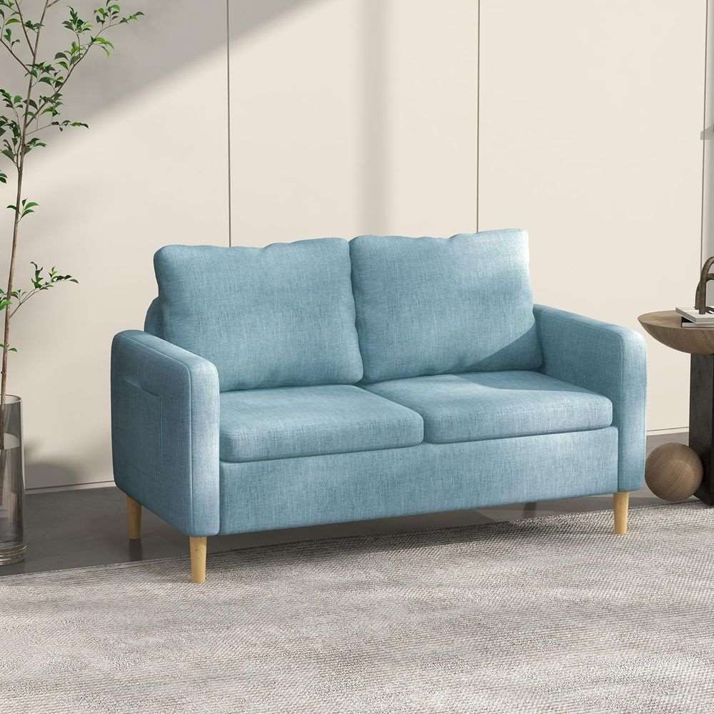 HOMCOM 2 Seater Sofa Modern Fabric Couch with Wood Legs and 2 Pockets Blue HOMCOM