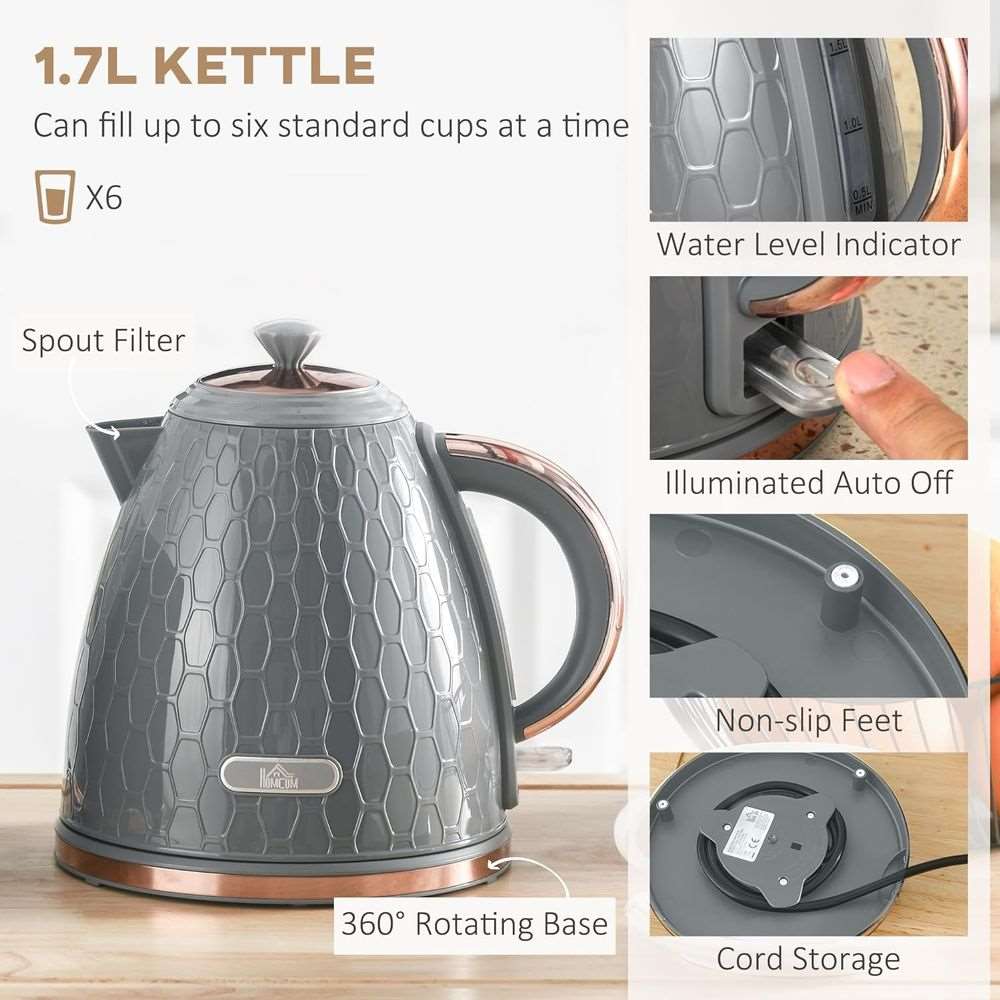 HOMCOM 1.7L Kettle and Toaster Set with Defrost, Reheat and Crumb Tray, Grey HOMCOM