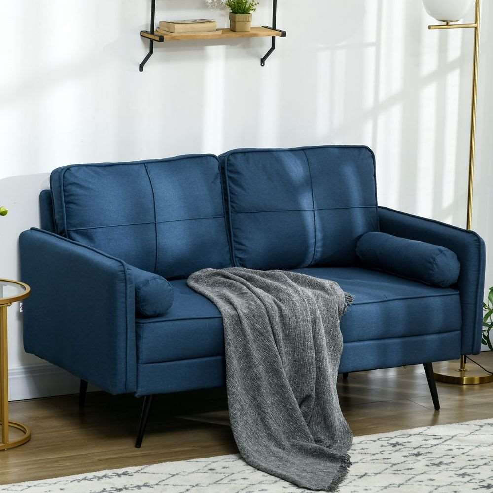 HOMCOM 2 Seater Sofa 143cm Modern Fabric Couch Back Cushions and Pillows, Blue HOMCOM