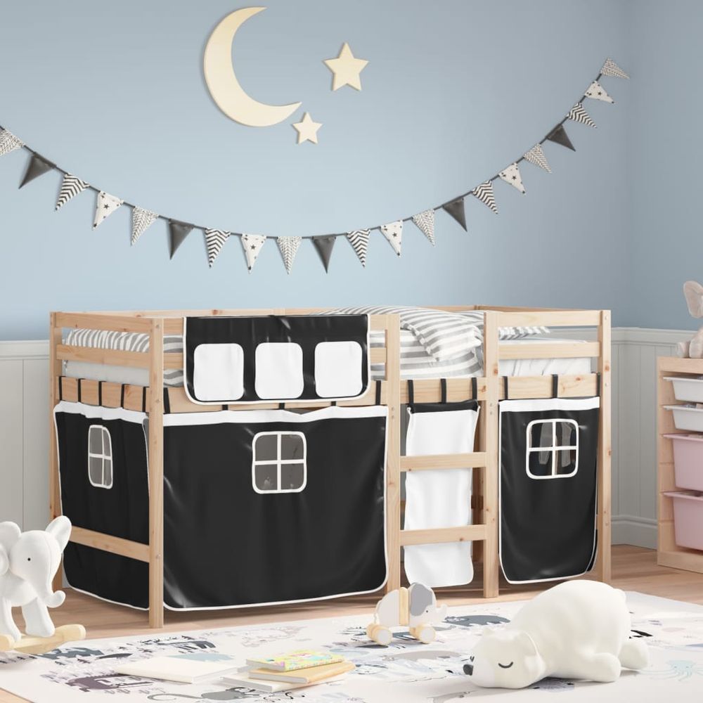 vidaXL Kids' Loft Bed with Curtains White&Black 80x200 cm Solid Wood Pine black vidaXL