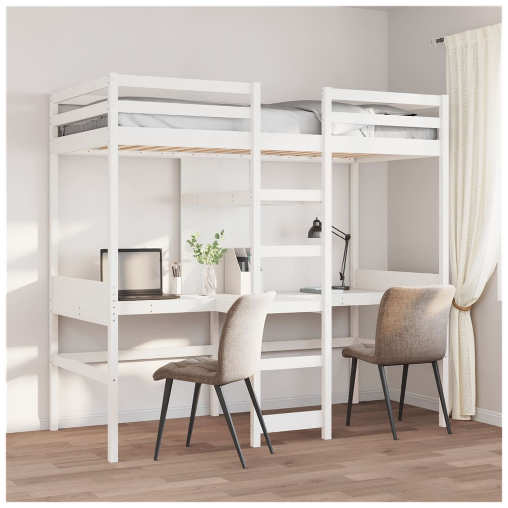 vidaXL Loft Bed Frame with Desk and Shelves White 90x200cm Solid Wood Pine vidaXL