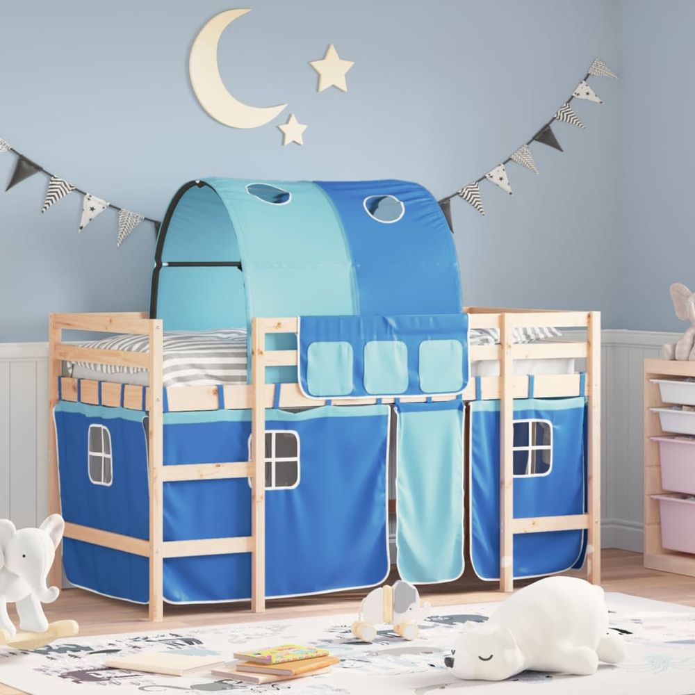 vidaXL Kids' Loft Bed with Tunnel White&Black 80x200cm Solid Wood Pine natural and blue vidaXL