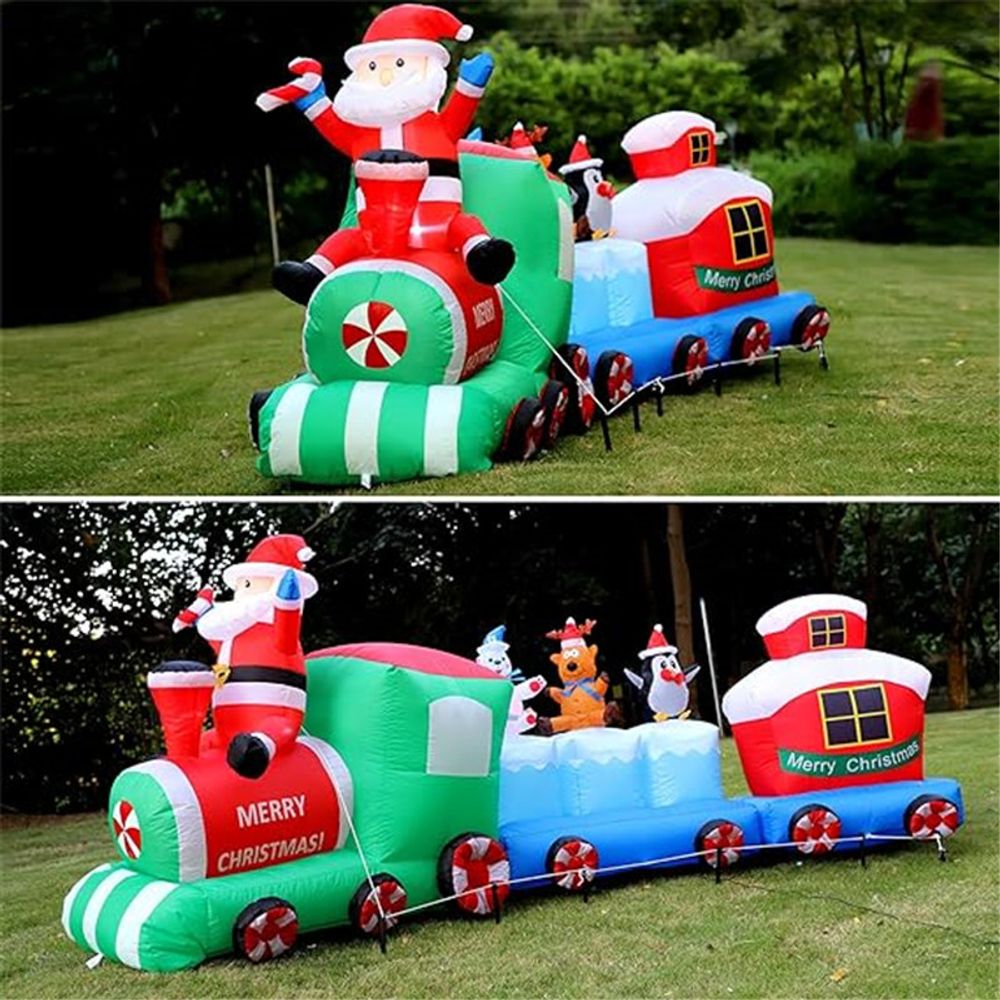 2.7m/9FT Length Christmas Decoration Inflatable Train Built-in LED Lights Indoor Outdoor Inflatable Ornament Party Garden Decor N/A